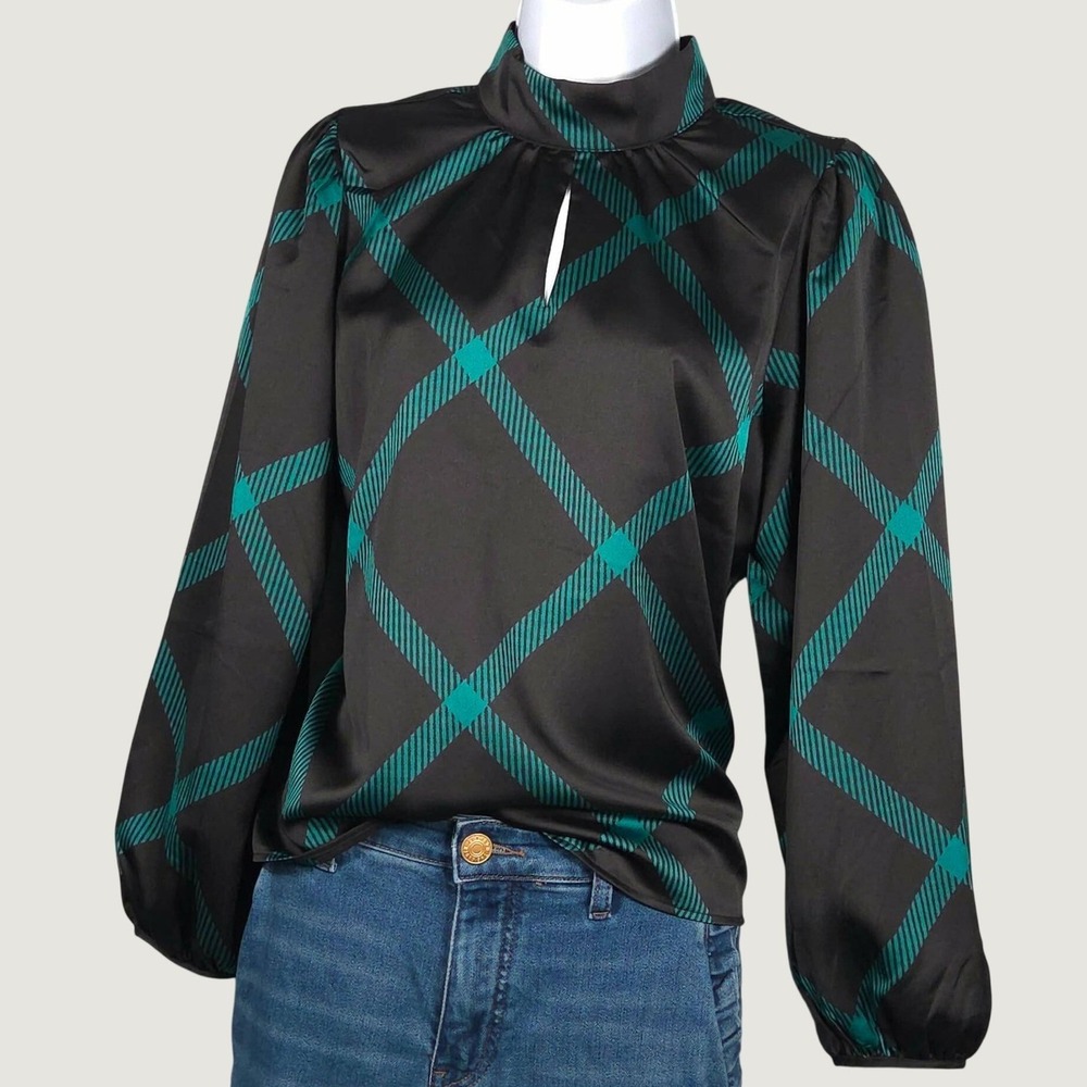 Ann Taylor NEW Womens MP Mock Neck Blouse Black Windowpane Plaid Balloon Sleeve